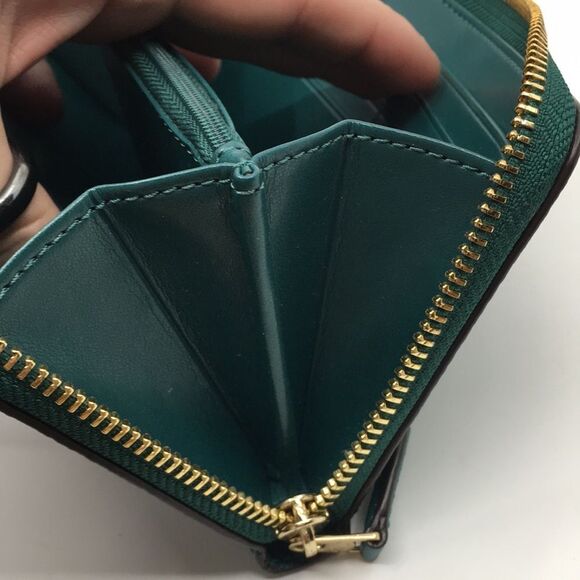 Coach Viridian Green Gold Studded Script Zip Around Wallet Accordion Zip Wallet - Picture 11 of 16